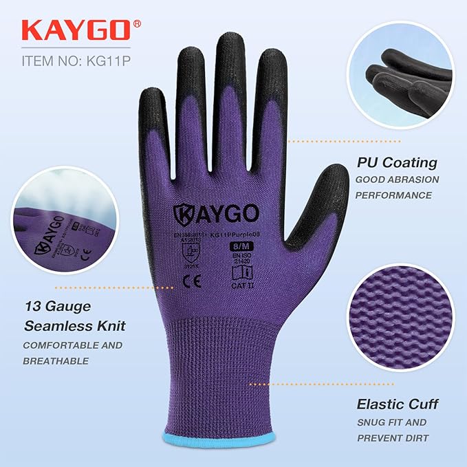 KAYGO Work Gloves for Men and Women,12 Pairs Seamless Knit PU Coated Safety Gloves, with Smooth Grip on Palm and Fingers, Ideal for Light Warehouse, Manufacturing, Gardening, KG11P (L, Purple)