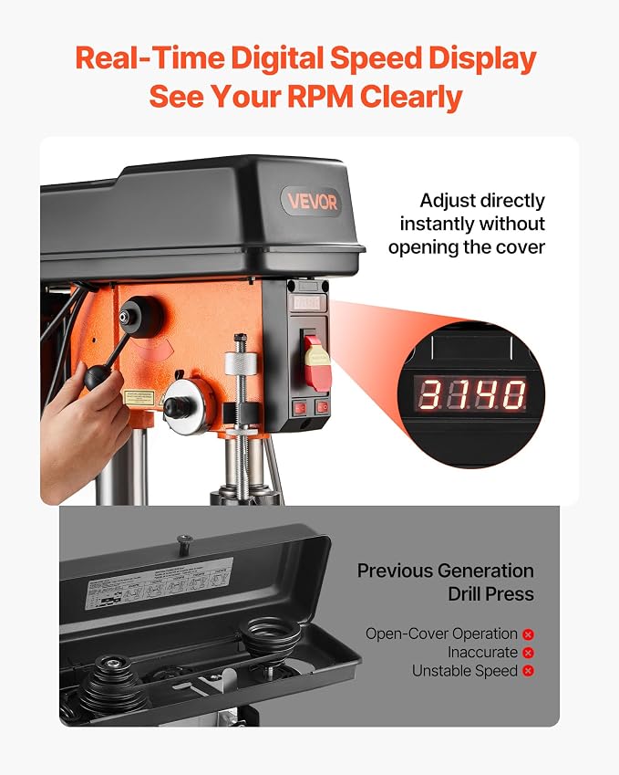 VEVOR 12-Inch Benchtop Drill Press, 6.2 Amp, 1 HP Bench Drill Press, 530 to 3140 RPM Variable Speed, 0-45° Tilting Worktable, with Laser and LED Work Light, Tabletop Drilling Machine, for Wood Metal