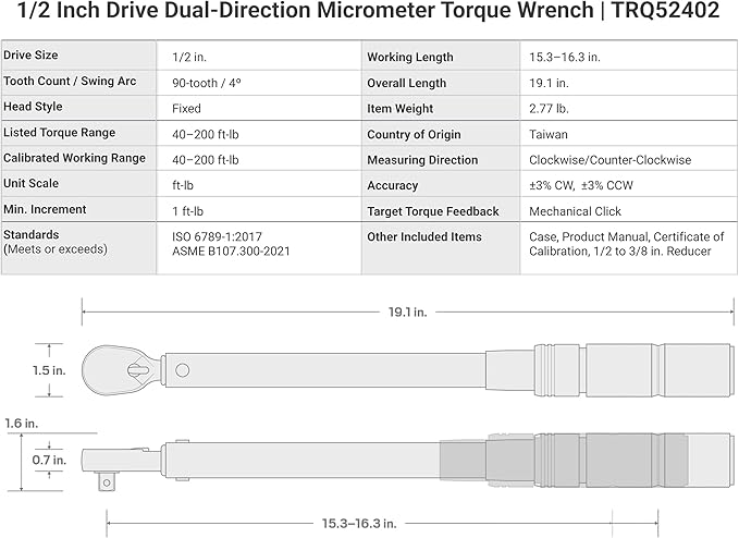 TEKTON 1/2 Inch Drive 90-Tooth Dual-Direction Micrometer Torque Wrench (40-200 ft-lb) | TRQ52402