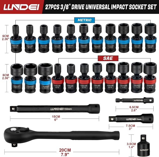 LLNDEI 27Pcs 3/8" Impact Swivel Socket Set, Metric & SAE(8-22mm, 5/16-3/4") | CR-MO, Drive Swivel Socket Set, 6 Point Wobble Socket Set with Ratchet Wrench, Extension Bar and Adapters.
