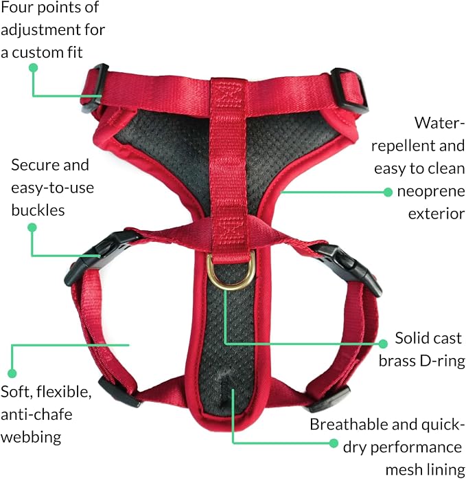 Adventure Dog Harness - Stylish and Durable Medium Dog Harness for Outdoor Adventures and Everyday Wear - Red Neoprene Adjustable Harness for Dogs with Reflective Piping, Solid Brass D-Ring