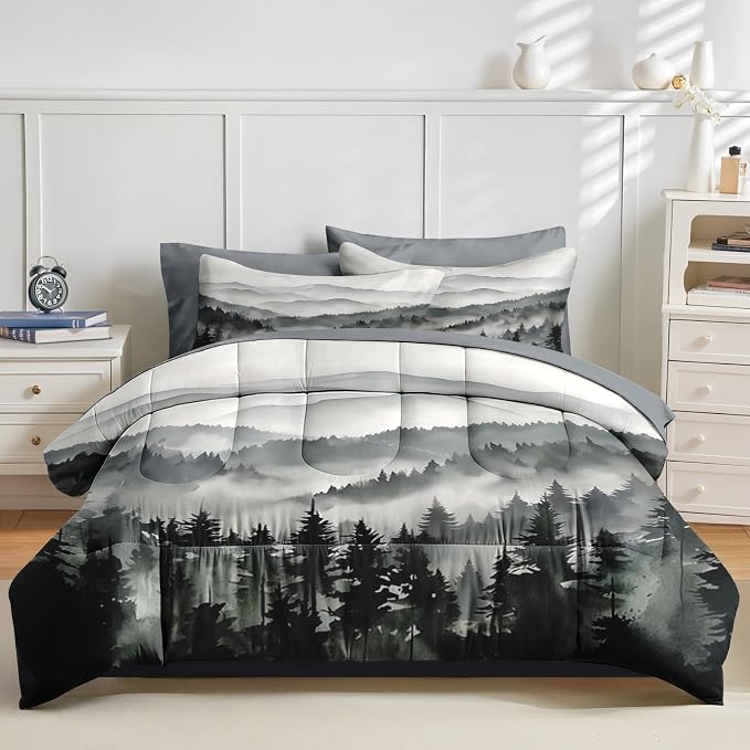 Nesker Comforter Set King Size, Ink Forest 7 Pcs Bedding for Kids and Adults, Misty Mountains Bed Sheet Sets with Fitted Sheet 2 Pillowcases & 2 Shams