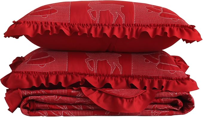 Cmfshape Christmas Embroidery Quilt Set,3 Pieces Queen Size Xmas Tree Reindeer Pattern Bedding Set,Reversible Christmas Bedspread Coverlet,Holiday Bedding(Red,92"x96")