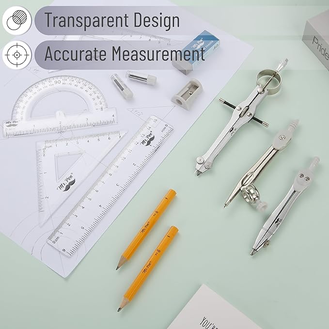 Mr. Pen- Geometry Set, 13 pcs, 3 Metal Compasses, Protractor, 6" Ruler, 45° & 30°/60° Set Squares, Pencils, Lead Refills, Sharpener & Eraser for Math, Drafting & Classroom Use