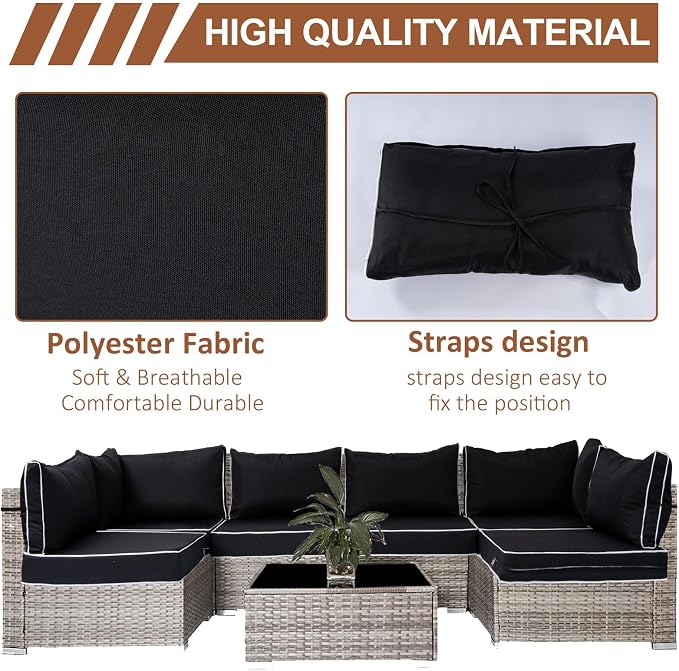 14 Piece Outdoor Patio Cushion Covers Replacement, Waterproof Outdoor Furniture Cushion Covers, Fit 7 Pcs 6 Seater Wicker Rattan Conversation Sofa Set, Black+White Piping(Only Cover) 25.6x25.6"