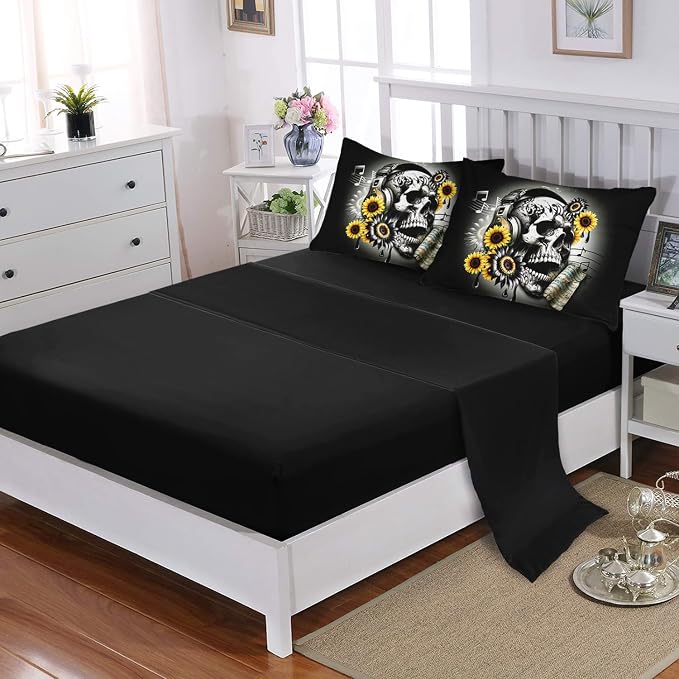 Gothic Skull Full Size Comforter Set 7 Pieces,Skull with Headphones Print Bedding Set for Adults Kids Bedroom Decor,Music Sunflower Bedding with Comforter,Fitted Sheet,Flat Sheet,Pillowcases.