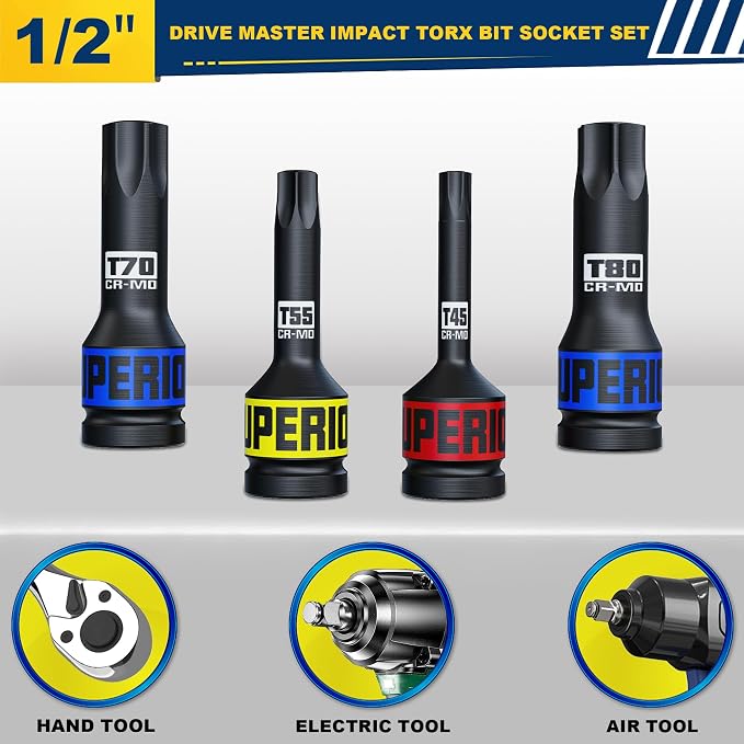 10 Piece 1/2" Drive Impact Torx Bit Socket Set, T25 - T80, Impact Star Bit Socket Set, CR-MO Steel, Automotive Machinery Repair Bicycle Servicing and Furniture Assembly