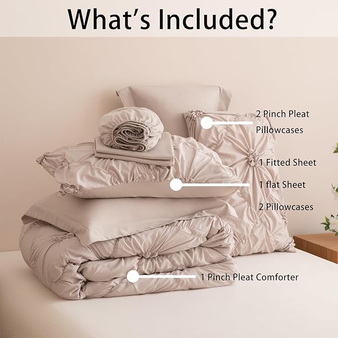 Nttopship Khaki Queen Comforter Set - 7 Pieces Bed in a Bag, Premium Comforters Queen Size Bed Set Pintuck Pinch Pleat Complete Comforter Set with Flat Sheet, Fitted Sheet and Pillowcases,Khaki