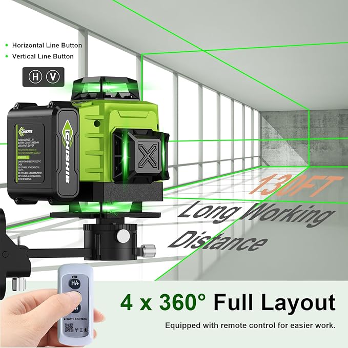 16 Lines Green Laser Level Kit -4x360° 4D Self-Leveling Cross Line Laser Level, Rotary Base and Accessories for Construction, Home Improvement and Picture Hanging,(Safety Class ll, <1mW power output.)