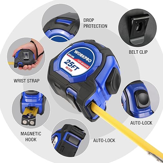WORKPRO 25FT Auto-Lock Tape Measure, 1/8 Fractions Easy Read Measuring Tape, Double Retract Measurement Tape Accuracy 1/32 for Engineer,with Magnetic Hook, Rubber Protective Casing