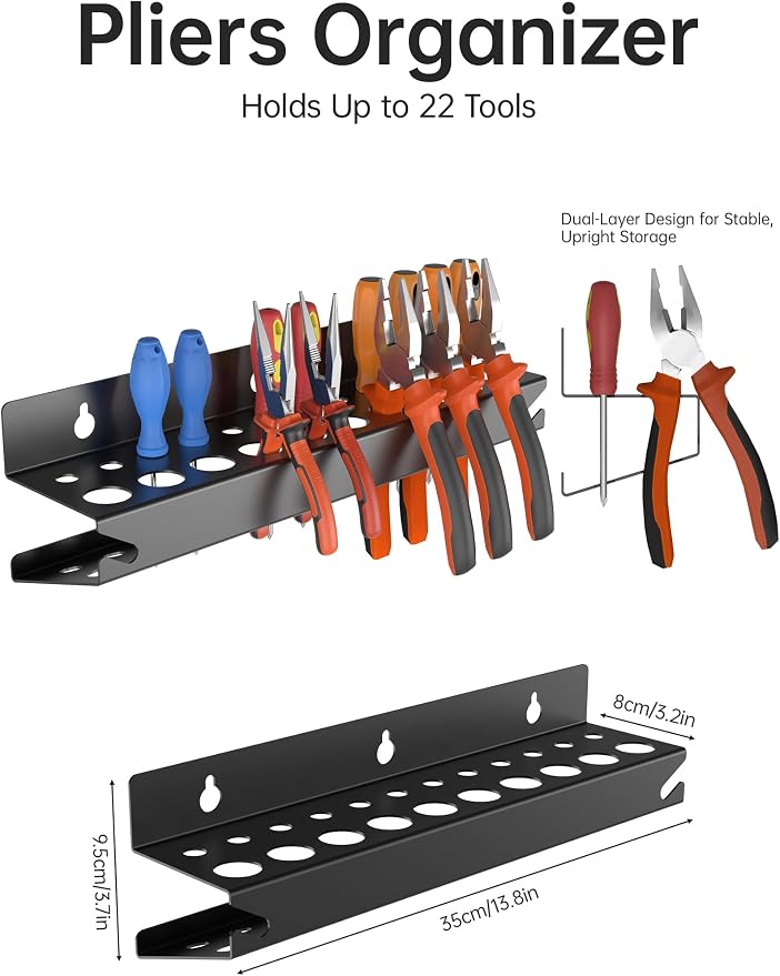 NiHome Wall Mount Hand Tool Storage Set with Magnet, Screwdriver Organizer, Pliers Holder, Hammer Rack & Wrench Holder, 4PCS Metal Organizer for Garage, Workshop, Shed, Anti-Corrosion, No Rust