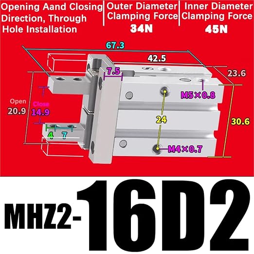 1PCS MHZ2 Pneumatic Finger Cylinder Parallel Gripper MHZ2-10/16/25/32/40D1/D2/D3 Side Thread Aluminium Clamps(MHZ2-16D2)