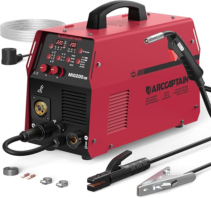 ARCCAPTAIN 6-in-1 Aluminum MIG Welder, 200A Welding Machine 110V/220V, Flux Core MIG/Gas MIG/Lift TIG/Stick Welding/Spool Gun MIG/Spot Multiprocess Welder with Synergy, Ideal for Beginner