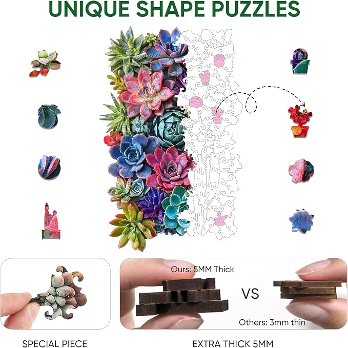Delobil Rectangular Succulent Wooden Puzzles, 200 Pieces Jigsaw Puzzles 12.6'' x8'', Unique Design Wooden Puzzles for Adults and Kids, Family Game Gift