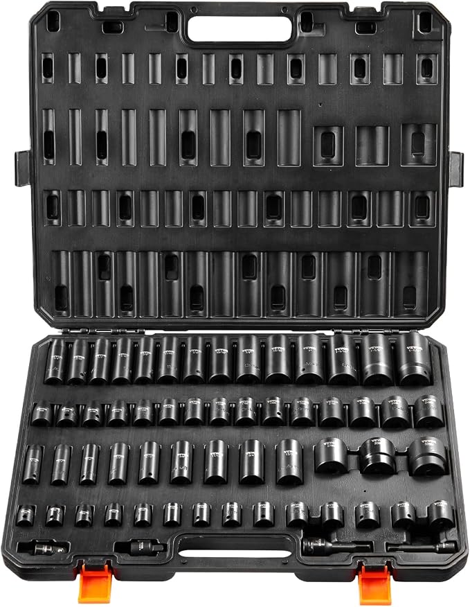 VEVOR Impact Socket Set 3/8" & 1/2" Socket Set 59PCS SAE 5/16" to 1-1/4" and Metric 6-32mm, 6 Point Cr-Mo Alloy Steel for Auto Repair, Easy-to-Read Markings, Rugged Construction, Storage Case