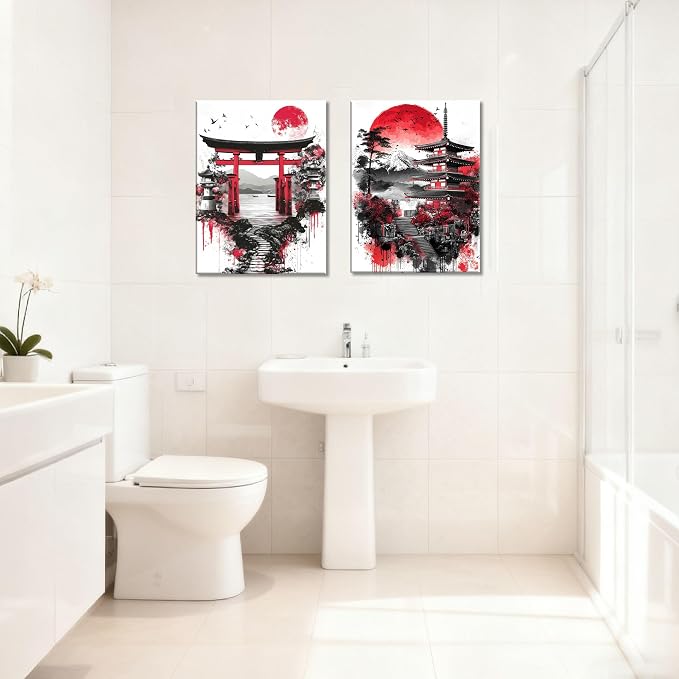 2Pcs Japanese Canvas Wall Art - Red Black Landscape Prints, Modern Minimalist Asian Oriental Decor, Ready to Hang,Framed