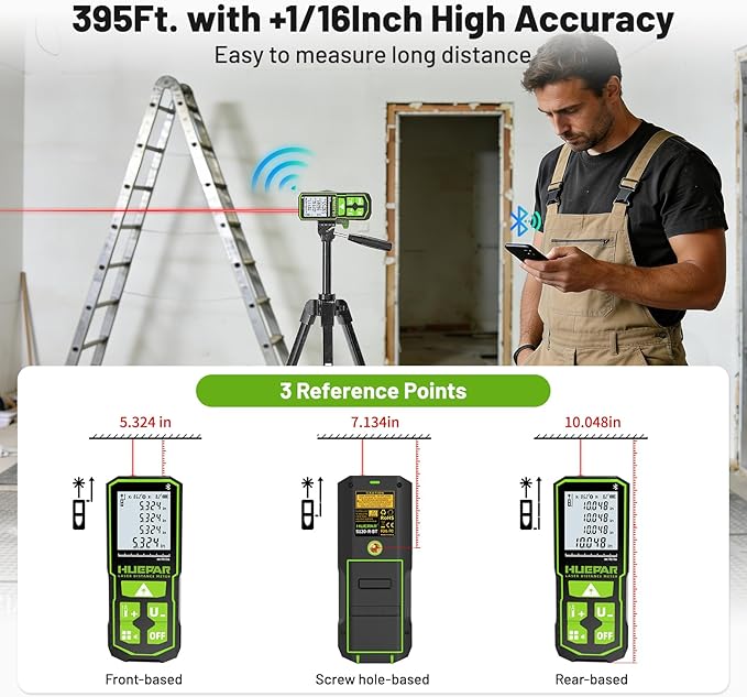 Laser Distance Measure 395 Feet with 60 Inch Tripod, Huepar Laser Distance Meter with Bluetooth & APP, Angle Sensor, 1/16in Accuracy Rechargeable Laser Measuring Tool, M/in/Ft Unit, Pythagorean Mode
