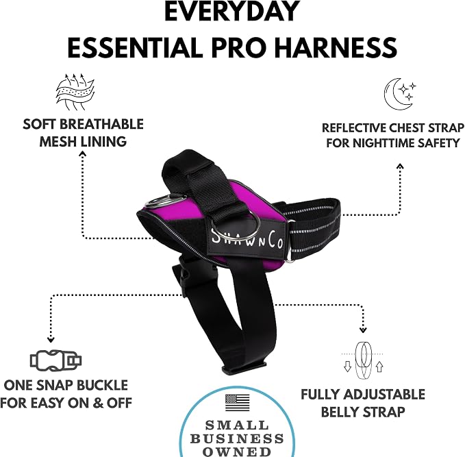 ShawnCo Essential Pro Dog Harness, No-Pull Pet Vest with 3 Leash Clips and Removable, Reflective Side Patches, Adjustable and Padded Harness for Small, Medium and Large Dogs (Orchid, XL)