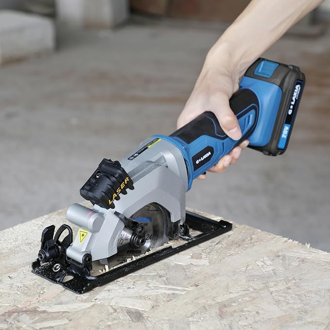 Mini Circular Saw, 4-1/2"" 3400RPM Cordless Circular Saw with Laser Guide, Rip Guide, Compact Hand Saw with 2Pcs blades（24T+60T), Max Cutting Depth 1-11/16""(90°), 1-1/8""(45°), Blue