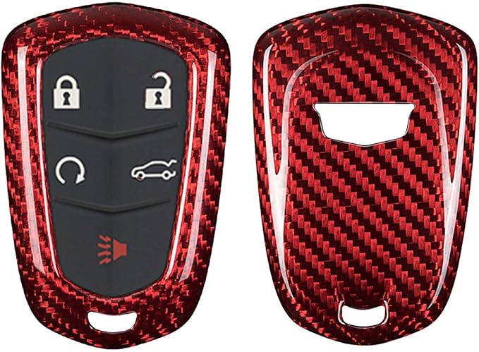 Genuine Carbon Fiber Key Fob Cover for Cadillac ATS Coupe ATS-L ATS-V CT6 CTS CTS-V Escalade ESV SRX XT4 XT5 XT6 XTS Smart Car Remote Key Fob Case for Men Women - for Shield Logo Back - Red