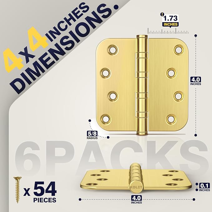 KOLET Gold Door Hinges, 4 x 4 Inches Ball Bearing Door Hinges, 5/8'' Radius Corner Hinges, Heavy Duty Stainless Steel, Smooth and Quiet, Non Removable Pin, Satin Gold, 6 Pack