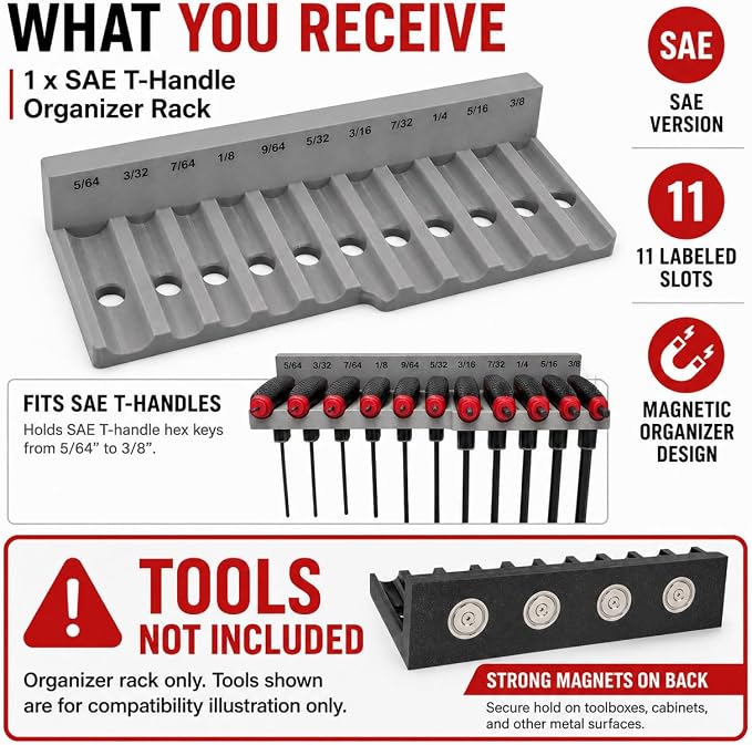 Magnetic T-Handle Hex Key Organizer Rack – Tool Holder for Harbor Freight ICON Style T Handle Wrenches – sae/metric/torx Storage Options (sae)