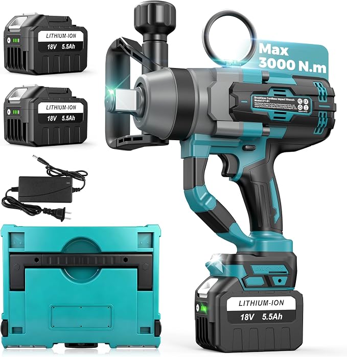 Cordless Impact Wrench 1 Inch, 3000N.m High Torque Impact Wrench Heavy Duty with Auxiliary Handle, Brushless Electric Impact Gun, 2x 5.5Ah Battery, Variable Speeds for Car Tire Lug Nut Removal Tool
