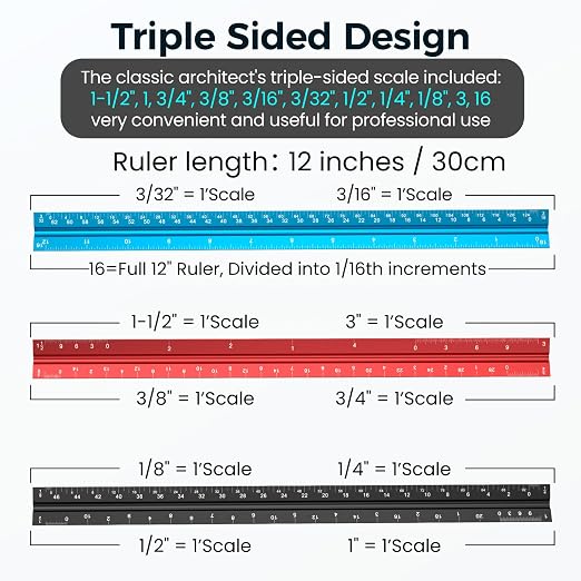 Rena Chris Architectural Scale Ruler: 12" Imperial Aluminum Alloy Metal Architecture Measuring Tools, Engineering Drafting Construction Drawing Blueprints Triangular Architect Scaling Rulers 12 Inches