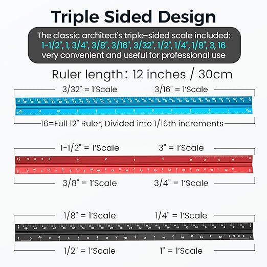 Rena Chris Architectural Scale Ruler: 12" Imperial Aluminum Alloy Metal Architecture Measuring Tools, Engineering Drafting Construction Drawing Blueprints Triangular Architect Scaling Rulers 12 Inches