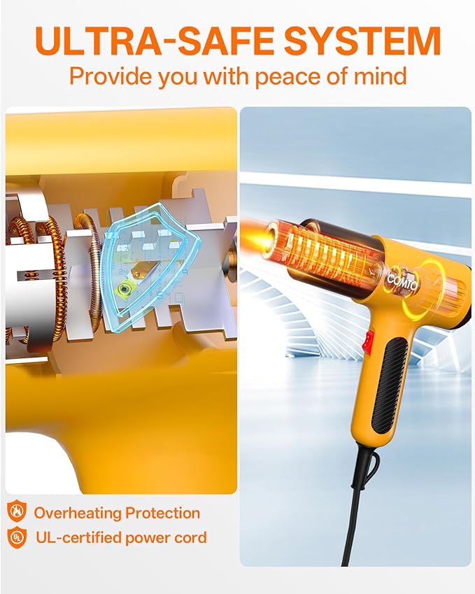 1600W Heat Gun, Hot Air Gun with 2 Temp Settings, 4 Nozzles, Overheat Protection, for Shrink Tubing, Shrink Wrap, Crafting, Resin, and DIY Projects - Yellow