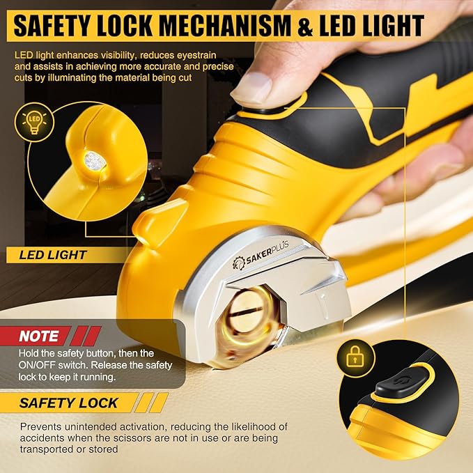 SakerPlus Cordless Electric Scissors, 4V Cardboard Cutter, Box Cutter - 2 Blades, 1 Storage Bag, Safety Lock & LED Light, Rechargeable Power Rotary Cutter for Box Carpet Fabric Plastic Leather