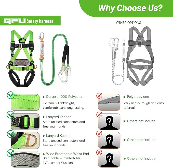 Safety harness fall protection kit, equipped with shock-absorbing ropes, full-body safety harness for roof work