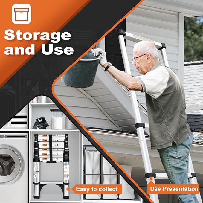 Soctone Telescoping Ladder, 12.5 FT Aluminum Button Retraction Extension Ladder with 2 Triangle Stabilizers, Multi-Purpose Ladder with Slow Down Design, 330lbs Max Capacity for House Daily Life