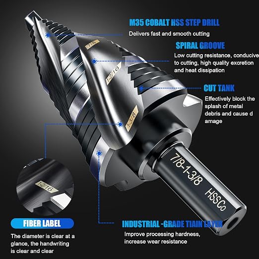 M35 Four Spiral Flute Step Drill Bit Set 1/4" - 1-3/8" （19 Sizes, 1/4" Hex Shank Unibit Step Drill bit, Impact Resistant M35 Cobalt Step Drill Bit, for Stainless Steel, Wood, Aluminum, Plastic
