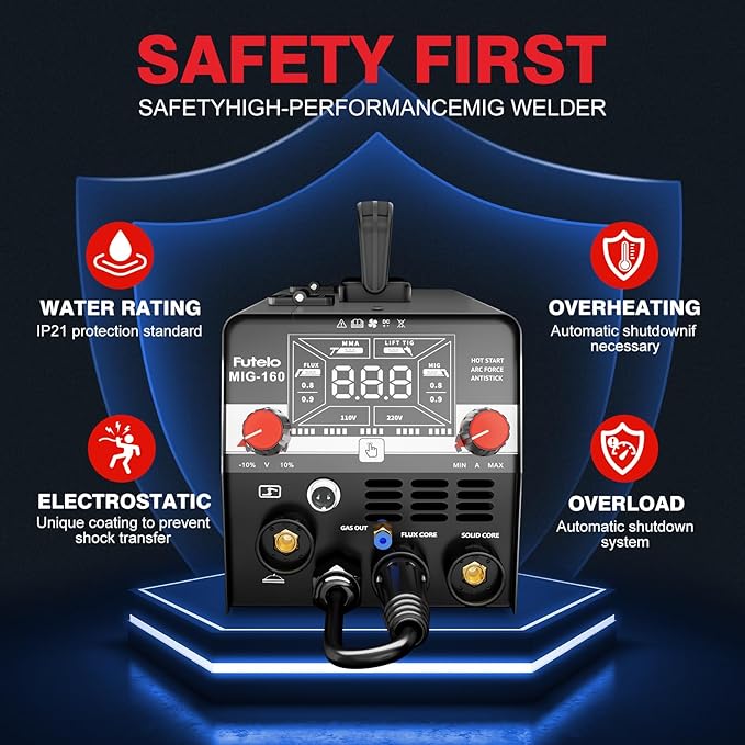 160A MIG Welder, 4 in 1 Gas/Gasless MIG Flux Core/Lift TIG/Stick Welder Machine 110V 220V with Large LED Display, Portable IGBT Inverter with Synergy for Metal Repair and Beginners