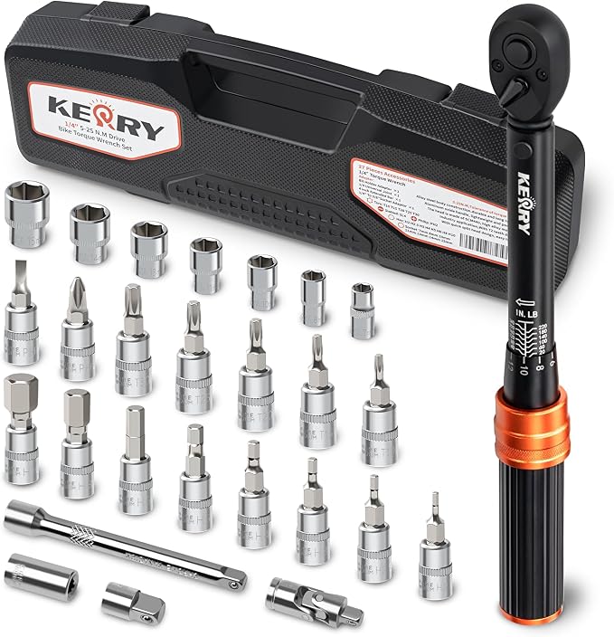 Kerry 1/4 Inch Drive Bike Torque Wrench Set, 20-240 in-lb, 27-Piece | ±3% Accuracy, Dual Scale, Click Feedback, 72-Tooth Reversible Ratchet Head and Complete Accessory Set for Bicycle Maintenance