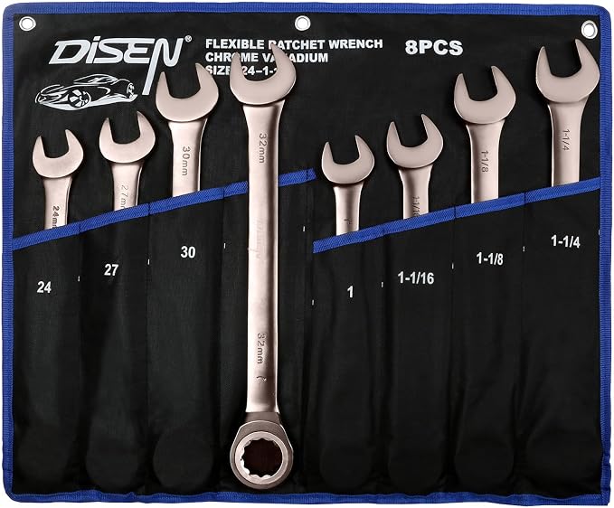 DISEN 8pcs Large Wrench Set Nickel Plating Jumbo Ratcheting Wrench Set | Metric & SAE Combination Wrench Set with Rolling Pouch 24,27,30,32mm & 1'',1-1/16'',1-1/8'',1-1/4'' CR-V Steel Father's Gift