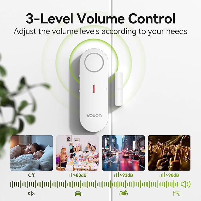 VOXON Door Alarms for Kids Safety - Window Alarms for Personal Home Security - 2 in 1 Chime/Alarm | 3-Level Volume Control - Burglar Door Sensor Alarm for Pool House Rooms Garage RVs - 4 Pack