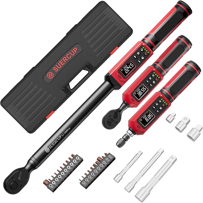 SUERCUP 1/4”&3/8"&1/2" Digital Torque Wrench Set(0.15-10Nm&0.66-44.29Ft.Lb/0.9-60N.m&3.8-250.8Ft.Lb/5.1-340Nm), with Vibration, Buzzer,LED Notification and Five Units of Measure, for Car,Moto Repair