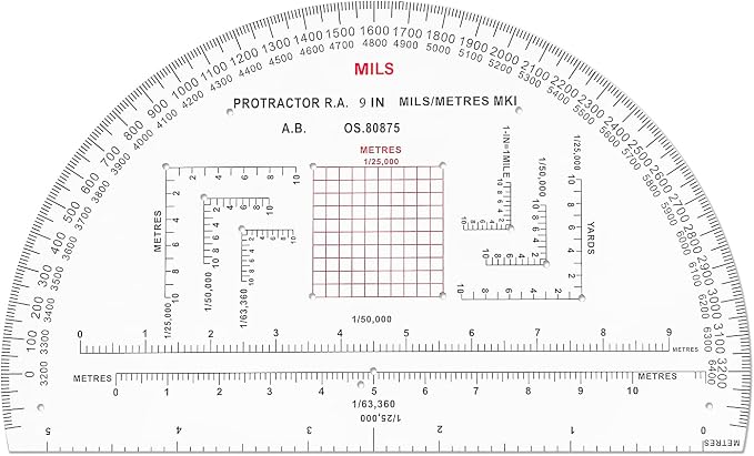 CYA Military Map Protractor for Land Navigation, Military Style UTM/MGRS Coordinate Scale, 9" RA
