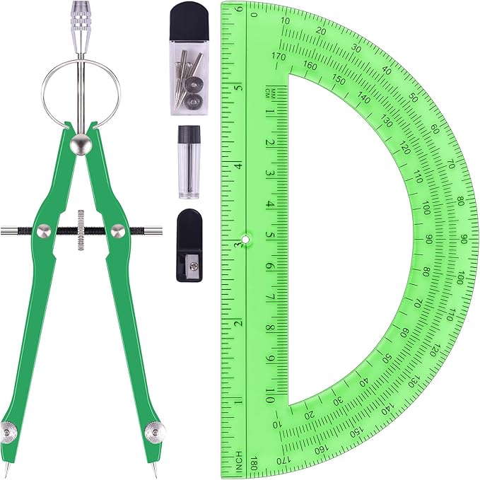Unjoo Compass and Protractor Set, Professional Drawing Compass Tool, Metal Compass with Extra Refills, Compass for Geometry and 6 Inch Math Protractors 180 Degree (Green)