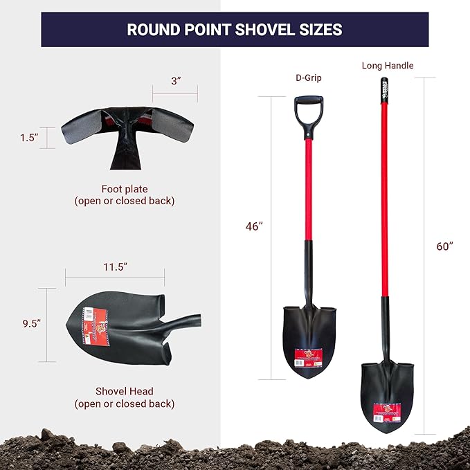 Bully Tools Round Point Shovel - 14-Gauge Gardening Digging Shovel with Fiberglass D-Grip Handle for Easy Planting, Yard Work, Small Garden Tasks, and Landscaping - Durable and Lightweight, 46-Inch