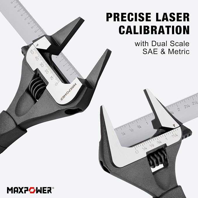 MAXPOWER Slim Adjustable Wrench Set, 6" & 10" Wide Jaw Opening, Dual Scale With Metric and SAE Plumbing Wrenches, Deep Jaw With Soft Grip Handle