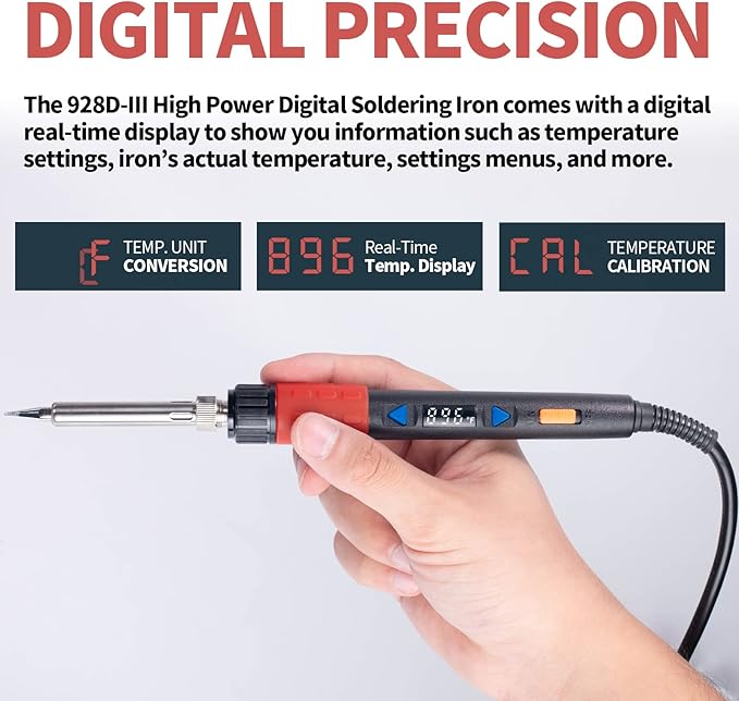 YIHUA 928D-III Soldering Iron,110W High Power, Fully Digital Display °F /°C- Temperature Control Soldering Tool, Accurate 194~896°F, with ON/OFF Switch, Iron Tip, Brass Wool, Automatic Sleep Mode