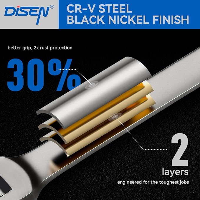 DISEN Ratcheting Wrenches Set 90 Tooth Flex-Head with Nickel Plating 24 Pcs | Ratchet Wrenches Set 12pcs Metric(8-19 MM) + 12pcs SAE (1/4-3/4 IN) with Organizer Racks per Set, Cr-V, for DIY Holiday Gift
