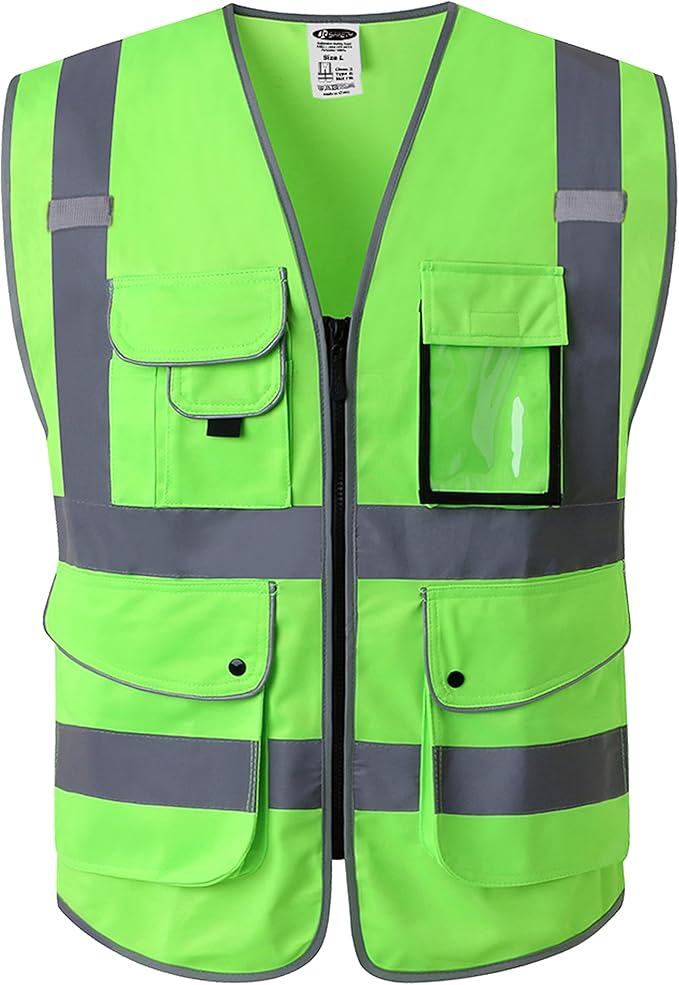 JKSafety 9 Pockets Class 2 High Visibility Zipper Front Safety Vest With Reflective Strips, Meets ANSI/ISEA Standards (150-Green, 5X-Large)
