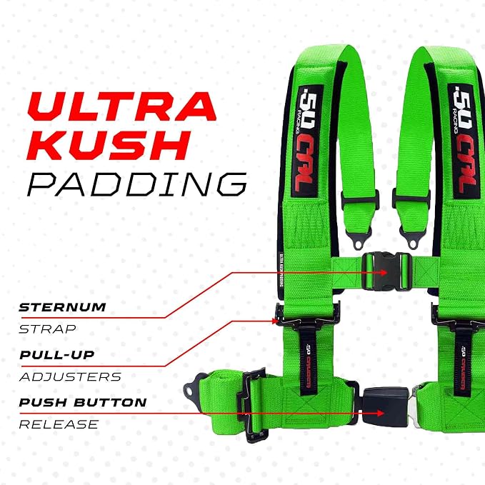 1pc 50 Cal Green 4 Point Harness 3in Straps, Racing Harness Seat Belt | Ultra Kush padding, Push Button quick release hardware. Universal Fit for UTV, RZR, race car.