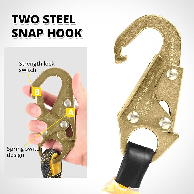 TRSMIMA Rope Harness Safety Lanyard：100ft Roofing Rope Fall Protection | Vertical Safety Harness Rope With Grab Snap Hooks Shock Absorber - Tree Climbing Line Kit Heavy Duty Safety Equipment ANSI CE