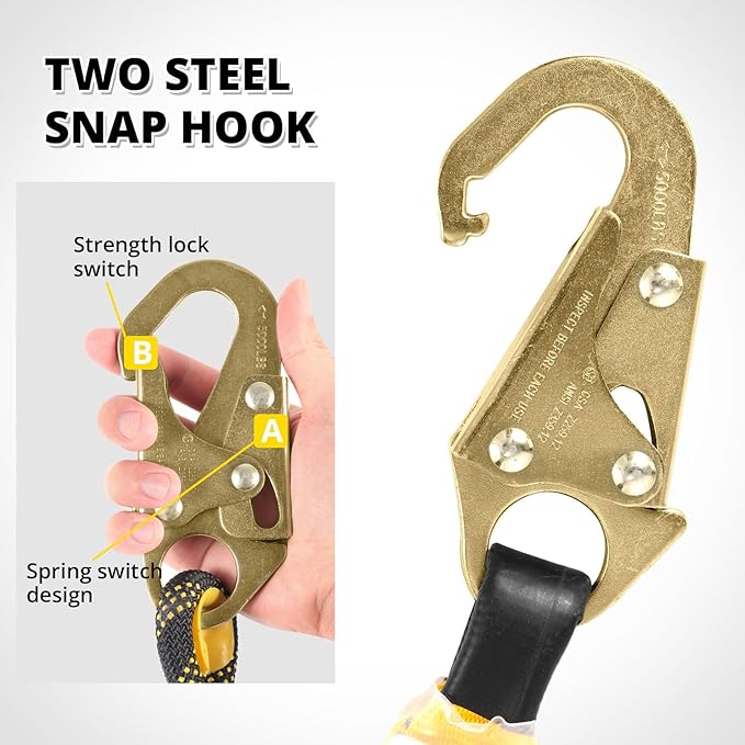 TRSMIMA Rope Harness Safety Lanyard：25ft Roofing Rope Fall Protection | Vertical Safety Harness Rope With Grab Snap Hooks Shock Absorber - Tree Climbing Line Kit Heavy Duty Safety Equipment ANSI CE