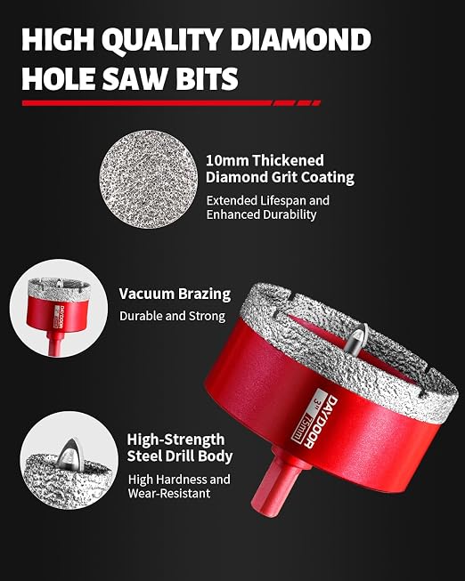DAYDOOR 3" Diamond Hole Saw Bit with Pilot Drill Bit -1pc 75mm Diamond Tile Hole Saw with Guiding Bit for Porcelain Tile Ceramic Pottery Granite Stone Glass Bottles(3/8" Triangle Shank)